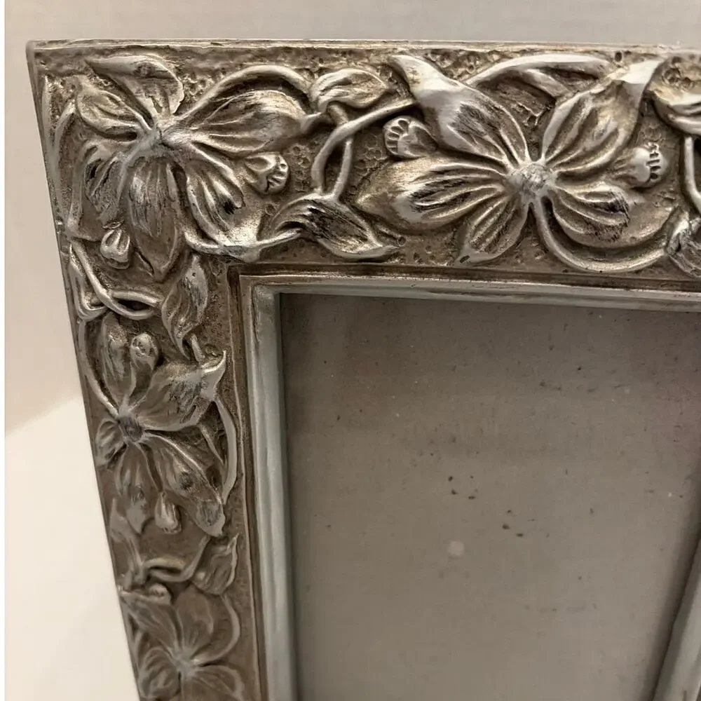 Six Trees Floral Picture Frame 5x7 Silver Tone Resin Cottage Farmhouse Decor